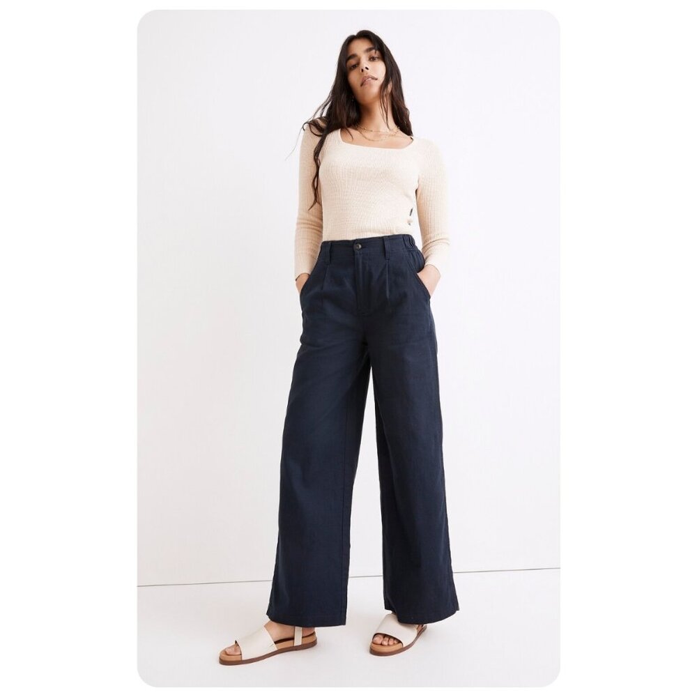 Madewell Classic Indigo Blue Cotton-Linen Pleated Wide-Leg Pants sz 4